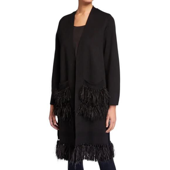 Kobi Halperin Irene Black Long Line Sweater with Ostrich Feather Trim XL New - Picture 1 of 14